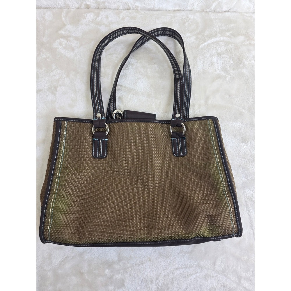 The Sak Woven Metallic Bronze Tote Bag Brown Trim Blue Stitching